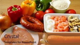  Presentation with paella pan of rice - Slide deck having paella ingredients background and a coral colored foreground