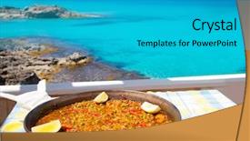  Presentation with mediterranean food - Colorful slide deck enhanced with paella mediterranean rice food backdrop and a teal colored foreground