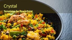  Presentation with seafood paella - Colorful PPT theme enhanced with paella-seafood-in-cooking-pan backdrop and a tawny brown colored foreground