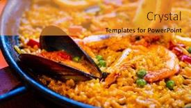  Presentation with seafood paella - Amazing PPT theme having paella-seafood-in-cooking-pan backdrop and a gold colored foreground