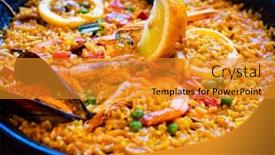  Presentation with seafood paella - Slide set consisting of paella-seafood-in-cooking-pan background and a gold colored foreground