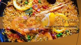  Presentation with seafood paella - Beautiful PPT theme featuring paella-seafood-in-cooking-pan backdrop and a gold colored foreground