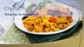  Presentation with seafood paella - PPT theme having paella with chicken seafood and chorizo background and a light blue colored foreground
