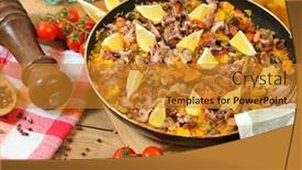  Presentation with seafood paella - Colorful PPT theme enhanced with paella-with-seafood-on-wooden backdrop and a gold colored foreground