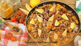  Presentation with seafood paella - PPT theme featuring paella with seafood on wooden table background and a gold colored foreground