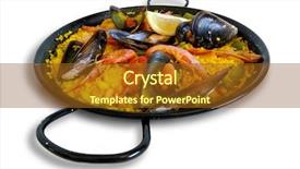  Presentation with seafood paella - Audience pleasing PPT theme consisting of paella with seafood spanish plate in the traditional pan backdrop and a tawny brown colored foreground