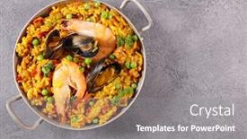  Presentation with shrimp - Theme with paella-with-shrimp-musshel-rice background and a gray colored foreground