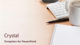  Presentation with coffee cup - Slide deck consisting of page background - office desk table with supplies background and a  colored foreground