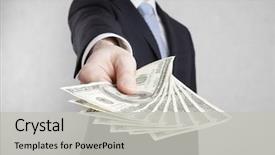  Presentation with clipping - Beautiful slide deck featuring paid - businessman with american dollars clipping backdrop and a light gray colored foreground