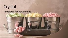  Presentation with pink color velvet textile - Beautiful theme featuring bucket filling - three small pails filled backdrop and a soft green colored foreground
