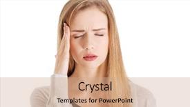  Presentation with sad woman - PPT theme enhanced with head pain - beautiful woman's portrait having headache background and a coral colored foreground