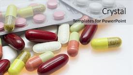  Presentation with pills - Colorful PPT theme enhanced with pain killers - collection of colorful pills backdrop and a light gray colored foreground
