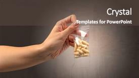  Presentation with plastic bag - Slide deck with pain killers - naked female hand giving drugs background and a tawny brown colored foreground