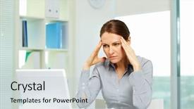  Presentation with headache - Beautiful PPT layouts featuring business woman suffering from headache backdrop and a light gray colored foreground