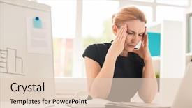  Presentation with aged - PPT theme having pain managmant - exhausted middle-aged businesswoman suffering background and a lemonade colored foreground