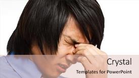  Presentation with headache - Presentation theme with beautiful young woman in white dress with umbrella on a tropical beach blue sea in the background travel concept background and a light blue colored foreground