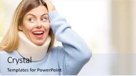  Presentation with finger - Audience pleasing slides consisting of pain points - young injured woman wearing neck backdrop and a light blue colored foreground