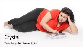  Presentation with weight loss woman showing - Audience pleasing PPT theme consisting of pain scale - overweight woman with measure tape backdrop and a white colored foreground