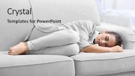  Presentation with depressed - Slide deck featuring painful expression - depressed young woman on sofa background and a light gray colored foreground