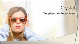  Presentation with protected hearing ear plugs - Presentation design with painful expression - young woman celebrates birthday covering background and a  colored foreground