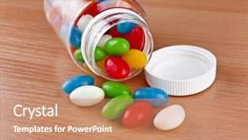  Presentation with plastic bottle - Theme featuring painful gums - colored pills jellybeans pouring background and a coral colored foreground