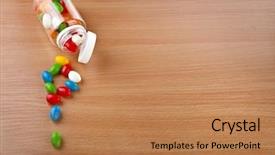  Presentation with white pills spilled from pills - Audience pleasing slide deck consisting of small lock for a child from wooden geometric shapes in front of the entrance is a triangle the development of the motor hand of a child isolated on a white background backdrop and a cream colored foreground.