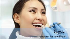  Presentation with dental radiology dentist and assistant - Theme with painful gums - young woman keeping her mouth background and a light blue colored foreground