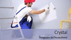  Presentation with painting - Presentation theme enhanced with paint - young worker painting wall background and a light blue colored foreground