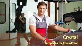  Presentation with car - Presentation featuring paint booth - serviceman with car bodykit ready background and a tawny brown colored foreground