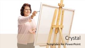  Presentation with cans canned tuna isolated - Audience pleasing PPT theme consisting of paint brush palette - elderly woman painting backdrop and a lemonade colored foreground