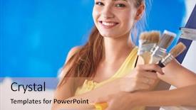  Presentation with wall - Presentation design featuring paint brush roller - beautiful young woman doing wall background and a  colored foreground