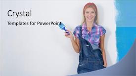  Presentation with green color - Audience pleasing slides consisting of paint brush roller - happy smiling woman painting interior backdrop and a sky blue colored foreground