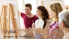  Presentation with creativity - Slide deck having paint brushes painting on easel background and a coral colored foreground