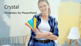  Presentation with worried young female college student - Slide deck consisting of paint bucket - young female decorator with color background and a sky blue colored foreground