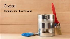  Presentation with paint bucket - Presentation design consisting of paint bucket and paintbrush on wooden background background and a coral colored foreground