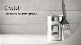  Presentation with paint bucket - PPT layouts having paint bucket and paintbrush on wooden background background and a light gray colored foreground