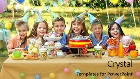  Presentation with children birthday - Audience pleasing PPT theme consisting of paint garden - children celebrating birthday in park backdrop and a yellow colored foreground