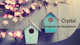 Presentation with rustic spring - Audience pleasing PPT theme consisting of paint garden - two birdhouses hang on spring backdrop and a mint green colored foreground