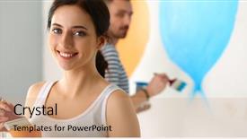  Presentation with broken home upset couple - PPT theme consisting of paint house - young couple painting wall background and a coral colored foreground