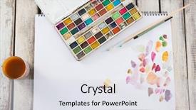  Presentation with wooden - Presentation design enhanced with paint palette color pages - various drawing equipments on wooden background and a sky blue colored foreground