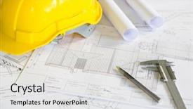  Presentation with construction tools - Presentation theme enhanced with paint printing industry - construction plans with yellow helmet background and a  colored foreground