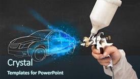  Presentation with gun - Audience pleasing theme consisting of paint shop - worker with airbrush gun painting backdrop and a ocean colored foreground