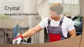  Presentation with machine - Presentation theme featuring paint shop - young serviceman performing grinding background and a  colored foreground