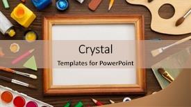  Presentation with paint brush - PPT theme enhanced with paint supplies and brush on wooden background background and a coral colored foreground