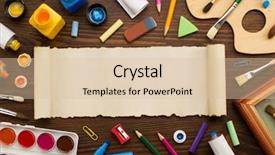  Presentation with paint brush - Slide deck with paint supplies and brush on wooden background background and a lemonade colored foreground