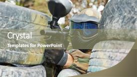  Presentation with survival - PPT theme having survival game - paintball player in protective uniform background and a coral colored foreground