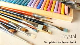  Presentation with colorful fabric - Amazing slides having paintbrushes with colorful chalk pastels in box on fabric background backdrop and a lemonade colored foreground