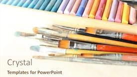  Presentation with colorful fabric - Audience pleasing slides consisting of paintbrushes with colorful chalk pastels in box on fabric background backdrop and a cream colored foreground