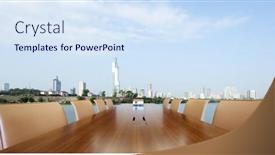  Presentation with conference table - PPT layouts having painted-conference-table-with-cityscape background and a sky blue colored foreground
