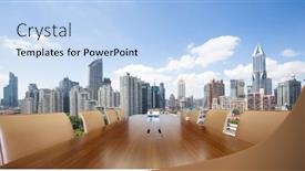  Presentation with conference table - Beautiful presentation theme featuring painted conference table with cityscape of shanghai in blue cloud sky backdrop and a light blue colored foreground